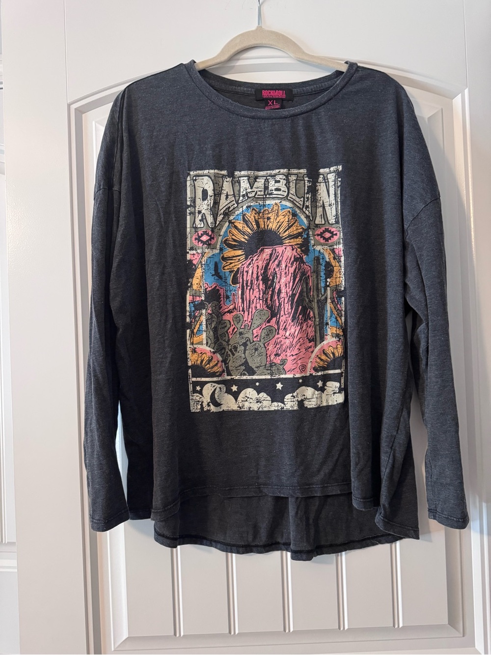 Graphic Long-Sleeve Women's Top - Charcoal with Multicolor Print